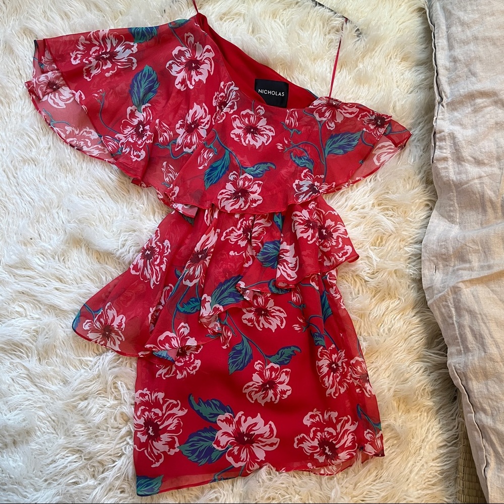 Nicholas Silk Floral One-Shoulder Dress